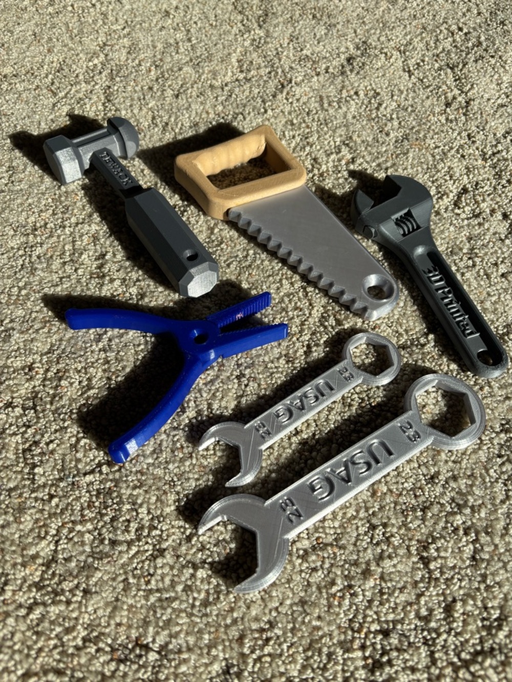 6 piece 3D printed Toy Tool Set – Blue, Silver, Gray, Tan